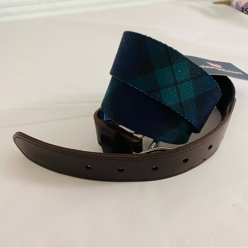 Men’s Vineyard Vines NWT Blackwatch Printed Club Blue &‎ Green Plaid Belt - Picture 2 of 6